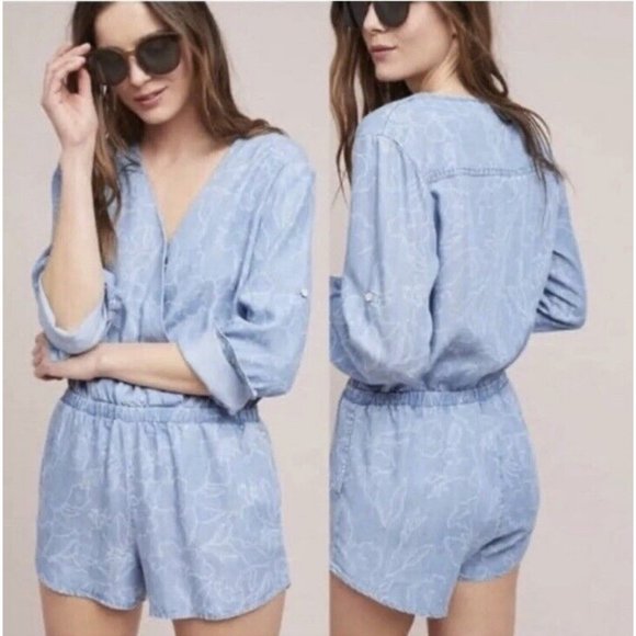 Anthropologie Cloth & Stone Chambray Romper Shorts Blue White Small S RARE HTF - Picture 1 of 5